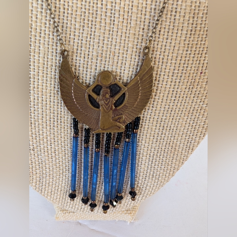 Estate Art Deco Egyptian Lady Blue Tassel Necklace 1920s - Picture 2 of 5